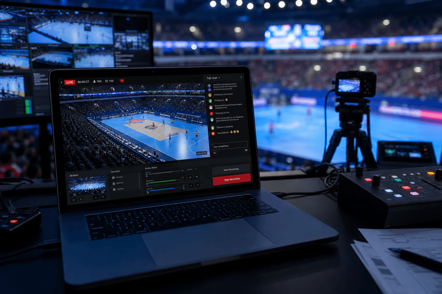 Ambiente de monitoramento com transmissão ao vivo de quadra